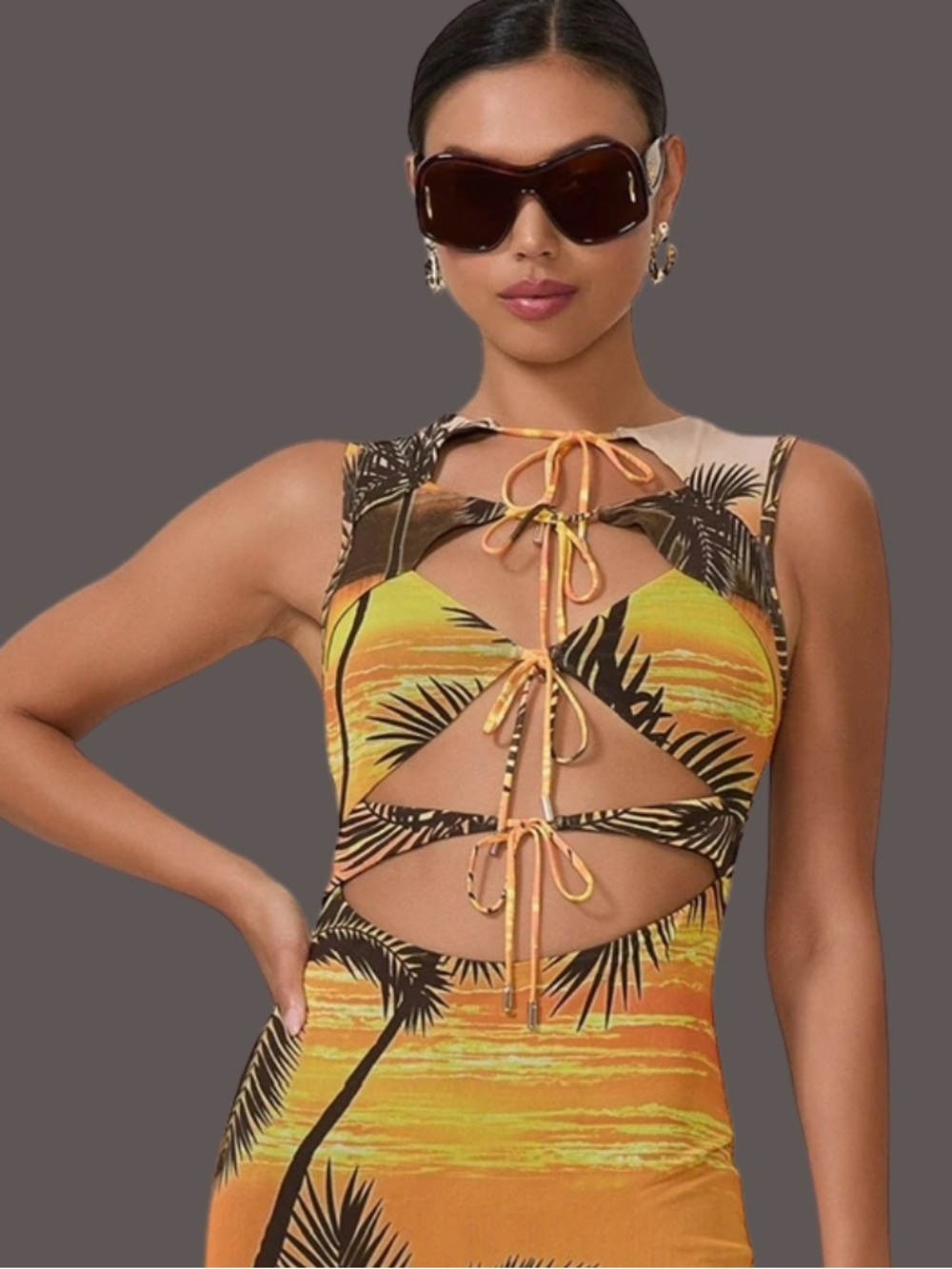 NWT The Ultimate Tropical Statement Piece Tie Front Knee Length Cut Out Dress - Picture 8 of 8